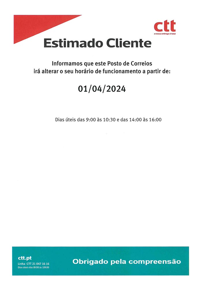 Posto de Correios em Alcainça com novo horário